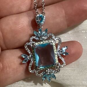 💙 Light Blue Radiant Cut Antique Vintage Style Aquamarine  Pendant Necklace
